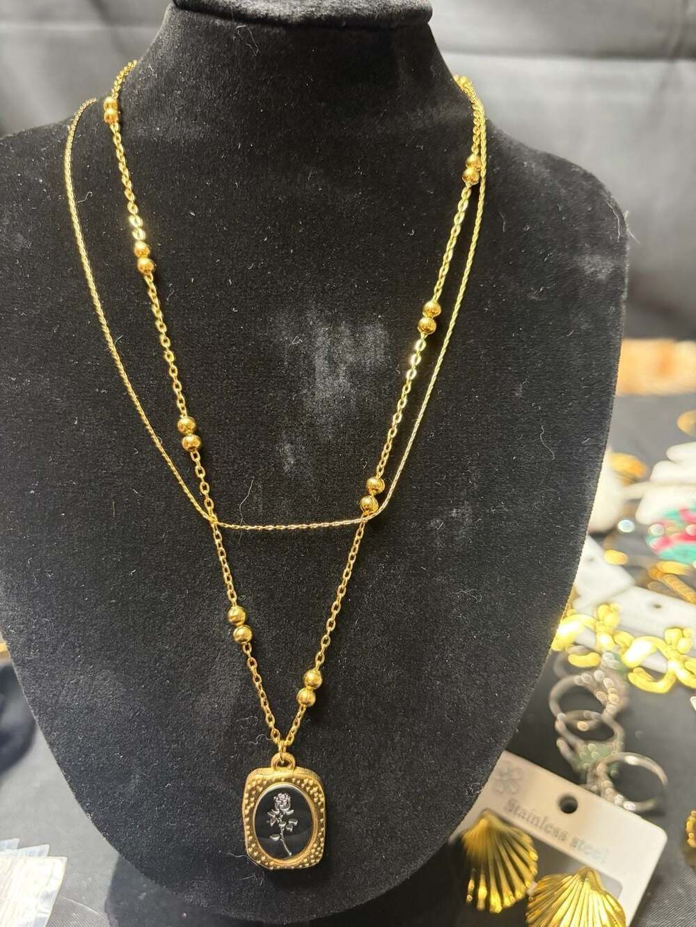 Gold-Tone Stainless Steel Layered Chain Necklace Black and Silver Rose Pendant